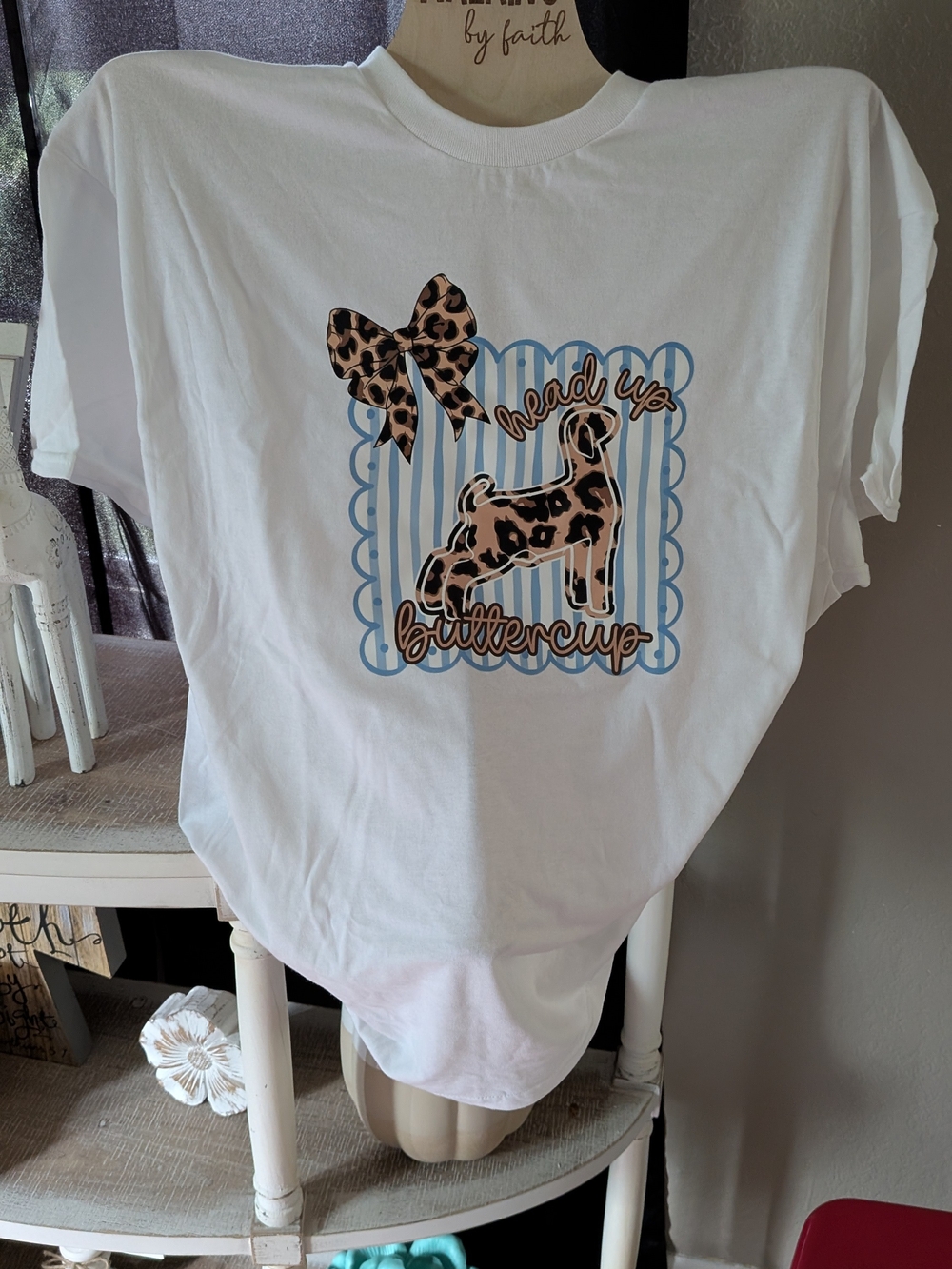 Gildan White Tee with Blue Trim and Leopard Dog Graphic
